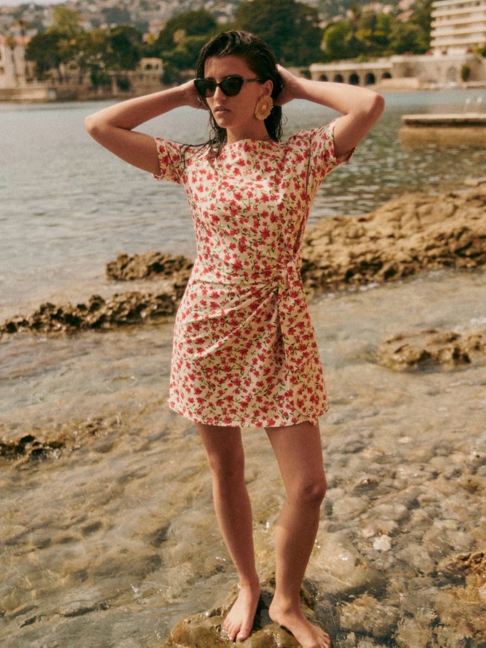 Sezane Pippa Dress Coral Flowers Print Floral Mini Dress - new sz M